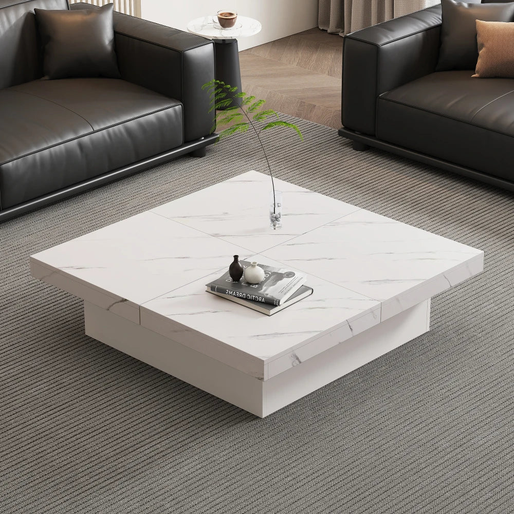 Table Basse Carrée Noire 90x90cm à 4 Tiroirs – Plateau Coulissant, Design Marbré Chic
