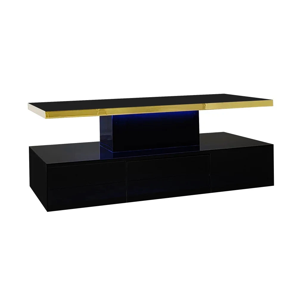 Table Basse PINGGO Haute Brillance avec Tiroirs & LED – 2 Niveaux de Rangement