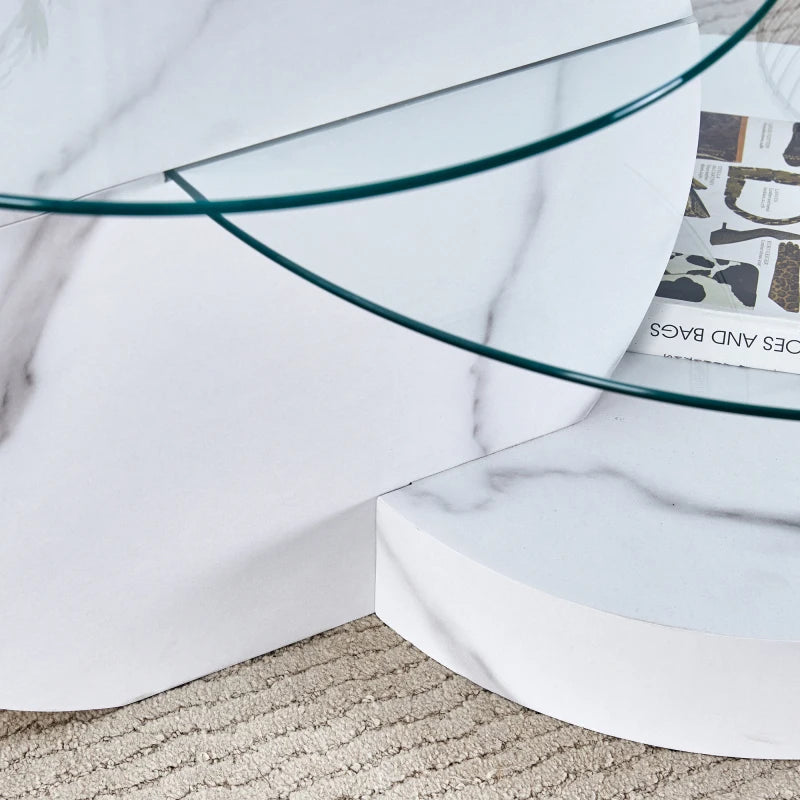 Table Basse Verre Sécurisé Multi-Niveaux Effet Marbre Blanc – Design Minimaliste Élégant