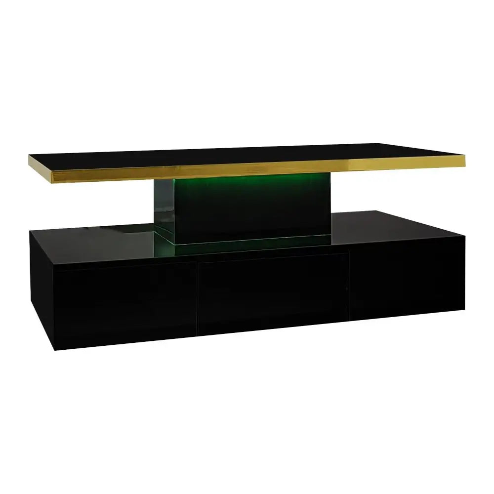 Table Basse PINGGO Haute Brillance avec Tiroirs & LED – 2 Niveaux de Rangement
