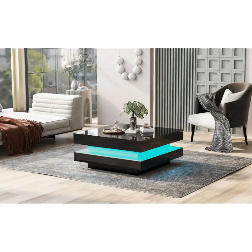 Table Basse Carrée Noire LED Multicolores 70x70cm – Design Moderne pour Salon Contemporain