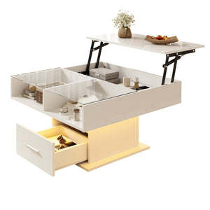 Table Basse Relevable Laquée LED – Hauteur Ajustable pour Repas et Télétravail