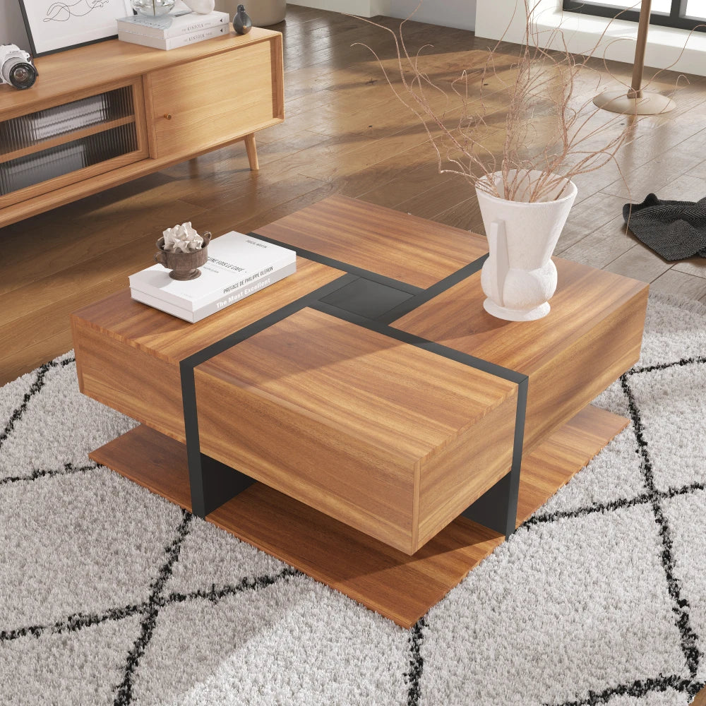 Table Basse PINGGO 78x78cm avec 4 Tiroirs – Design Graphique & Rangement Généreux