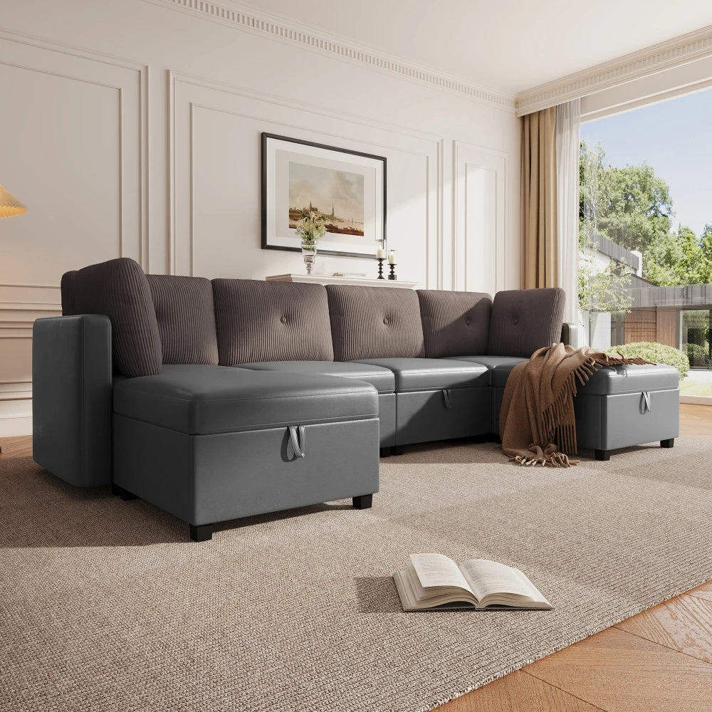 Canapé Modulaire en U avec Espace de Rangement – Velours & Cordon, Confort Haute Densité