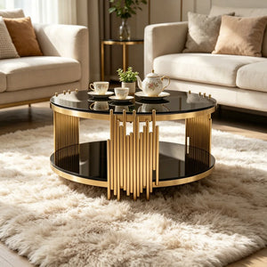 Table Basse Ronde Verre Noir & Métal Doré – Élégance Luxe pour votre Salon