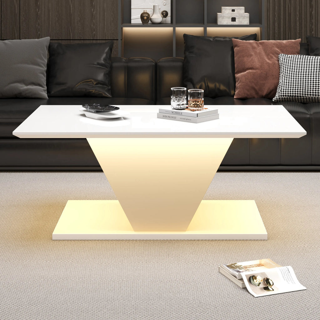 Table Basse Design Blanc Brillant Forme en V avec LED – Pièce Sculpturale pour Salon Moderne