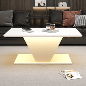Table Basse Design Blanc Brillant Forme en V avec LED – Pièce Sculpturale pour le Salon