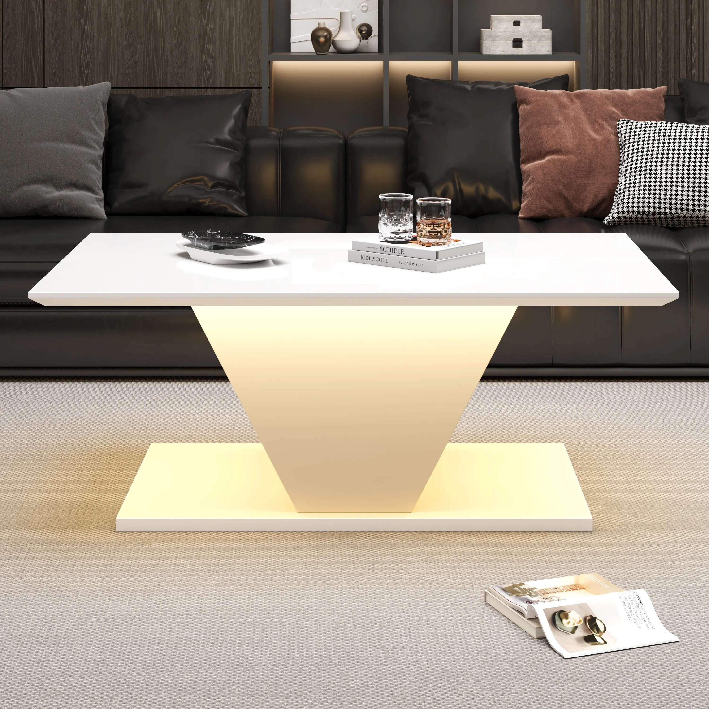 Table Basse Design Blanc Brillant Forme en V avec LED – Pièce Sculpturale pour Salon Moderne