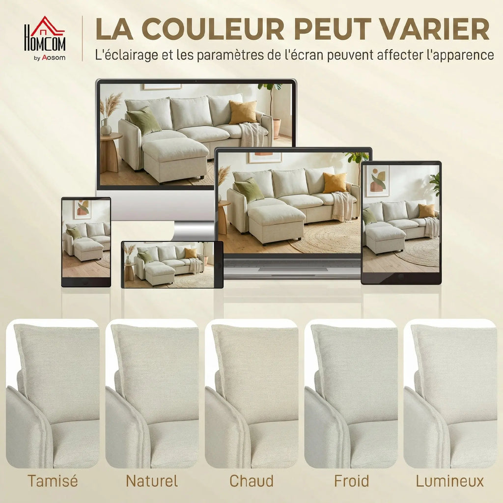Canapé HOMCOM 3 Places 212cm Lin Crème avec Pouf de Rangement – Confort Familial Modulaire