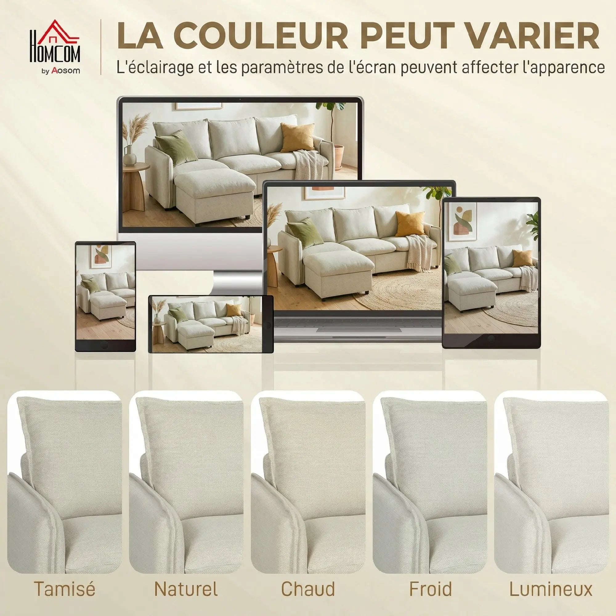 Canapé HOMCOM 3 Places 212cm Lin Crème avec Pouf de Rangement – Confort Familial Modulaire