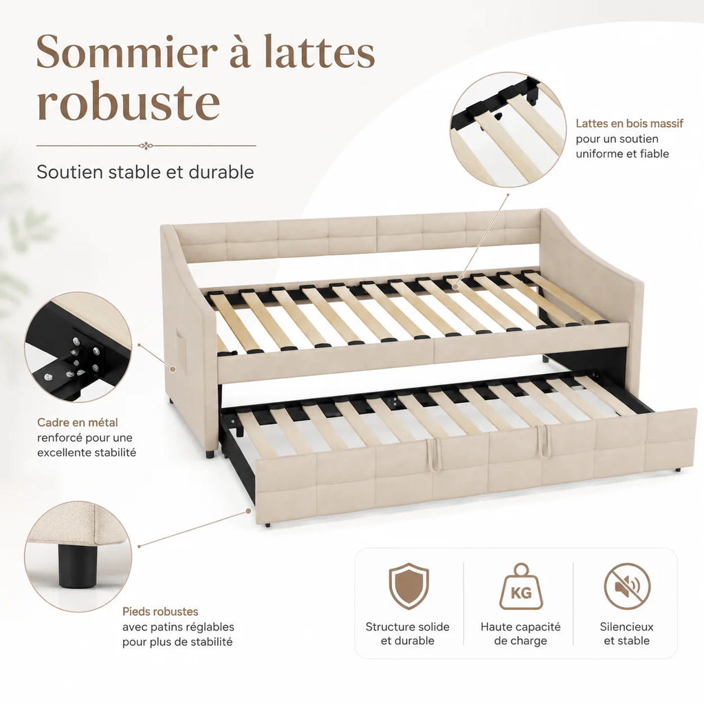 Canapé-Lit Superaly Velours Crème 90x200cm avec Rangement – Design Nordique Minimaliste