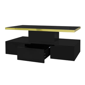 Table Basse Haute Brillance – Tiroirs, LED et 2 Niveaux de Rangement
