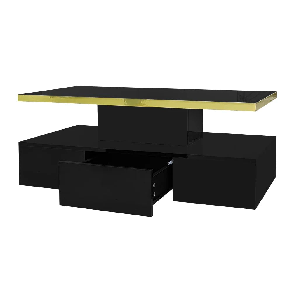 Table Basse PINGGO Haute Brillance avec Tiroirs & LED – 2 Niveaux de Rangement