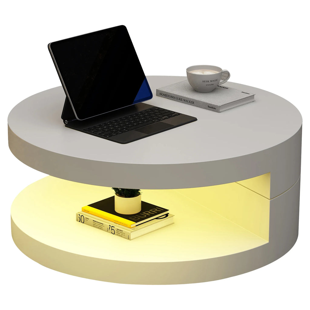 Table Basse Ronde Blanche Pivotante 360° avec LED – Design Cylindrique Moderne 70x70cm