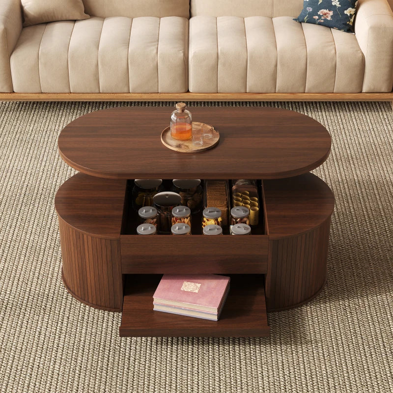 Table Basse Relevable en Bois Courbé – Étagère Coulissante, Design Chaleureux