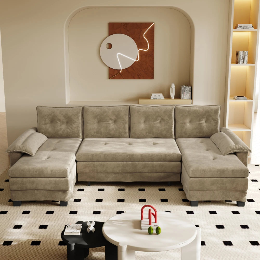 Canapé Convertible en U Ye 278cm Camel avec USB & Accoudoirs Amovibles – Format XXL Modulaire
