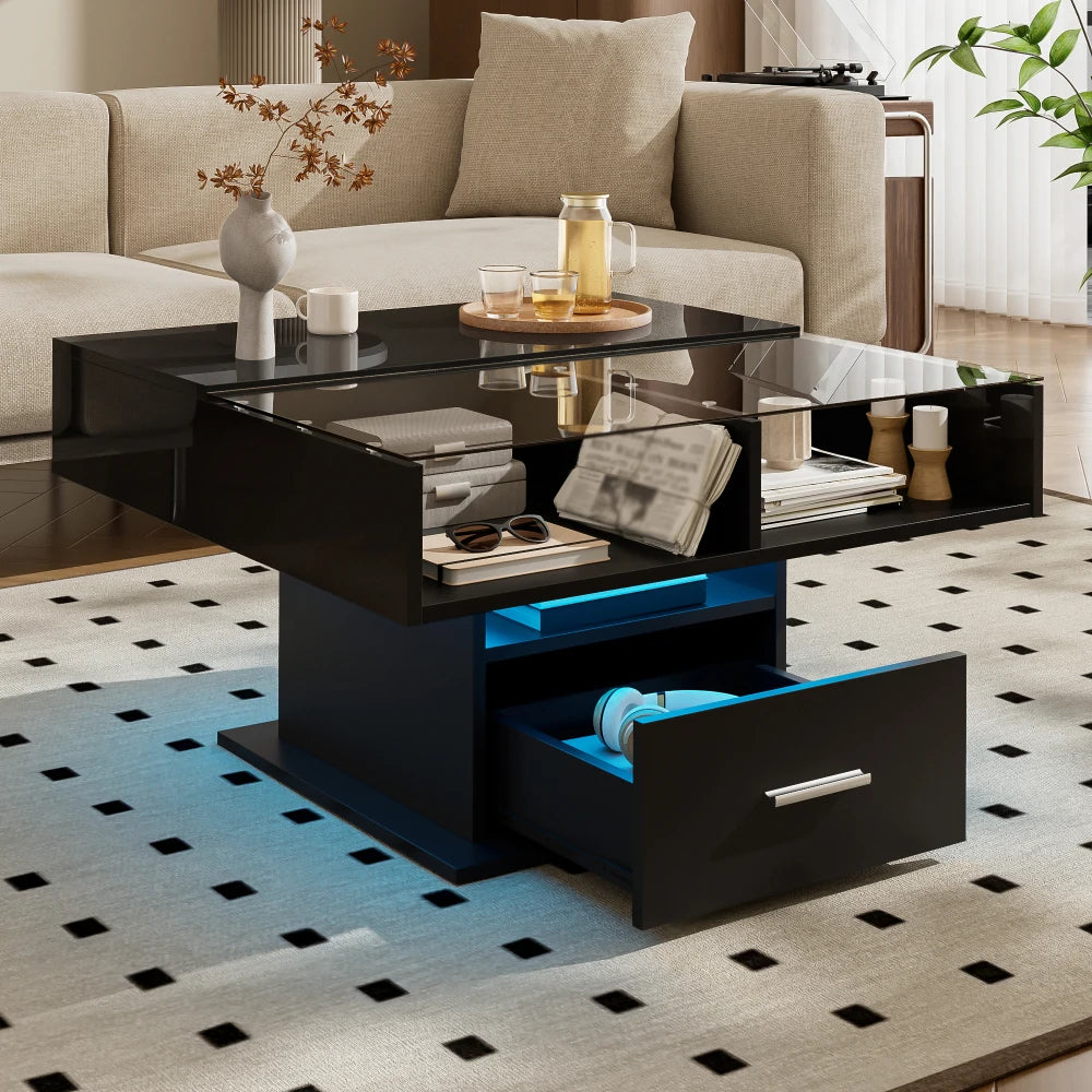 Table Basse Relevable Multifonction Laquée avec LED – Hauteur Ajustable & Rangement Astucieux