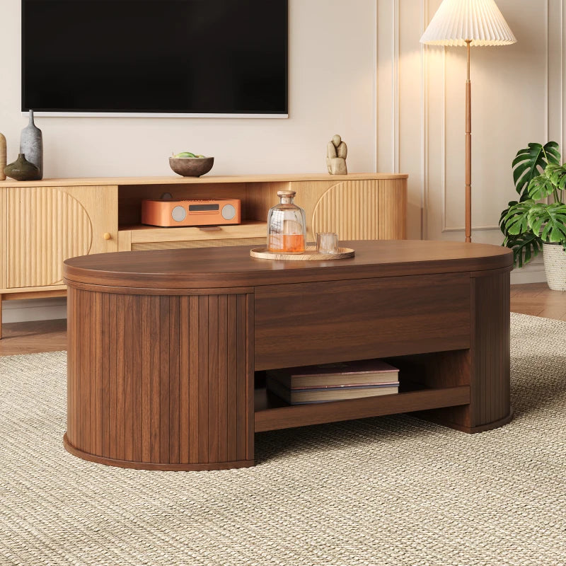 Table Basse Relevable en Bois Courbé avec Étagère Coulissante – Design Chaleureux Multifonction