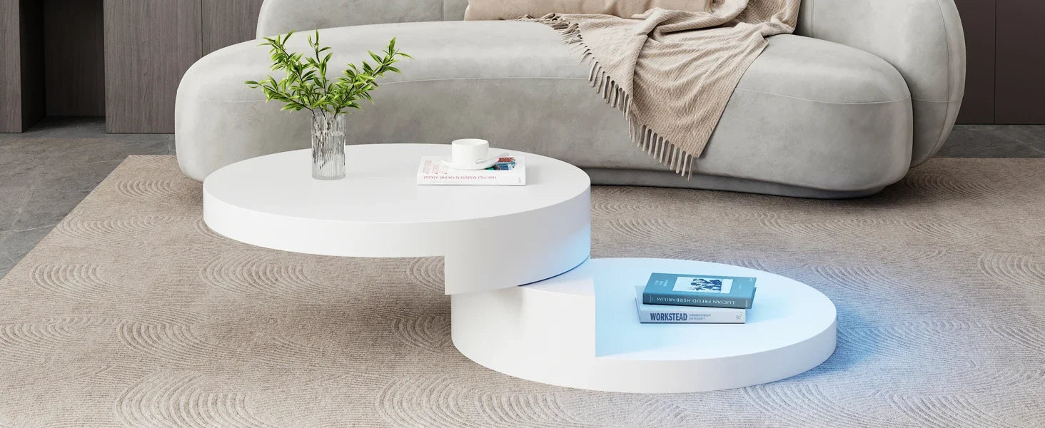 Table Basse Ronde Blanche Pivotante 360° avec LED – Design Cylindrique Moderne 70x70cm