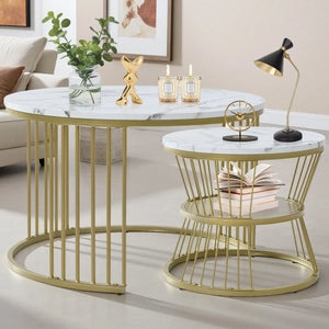Duo de Tables Gigognes Marbre & Laiton Doré – Élégance Intemporelle pour le Salon