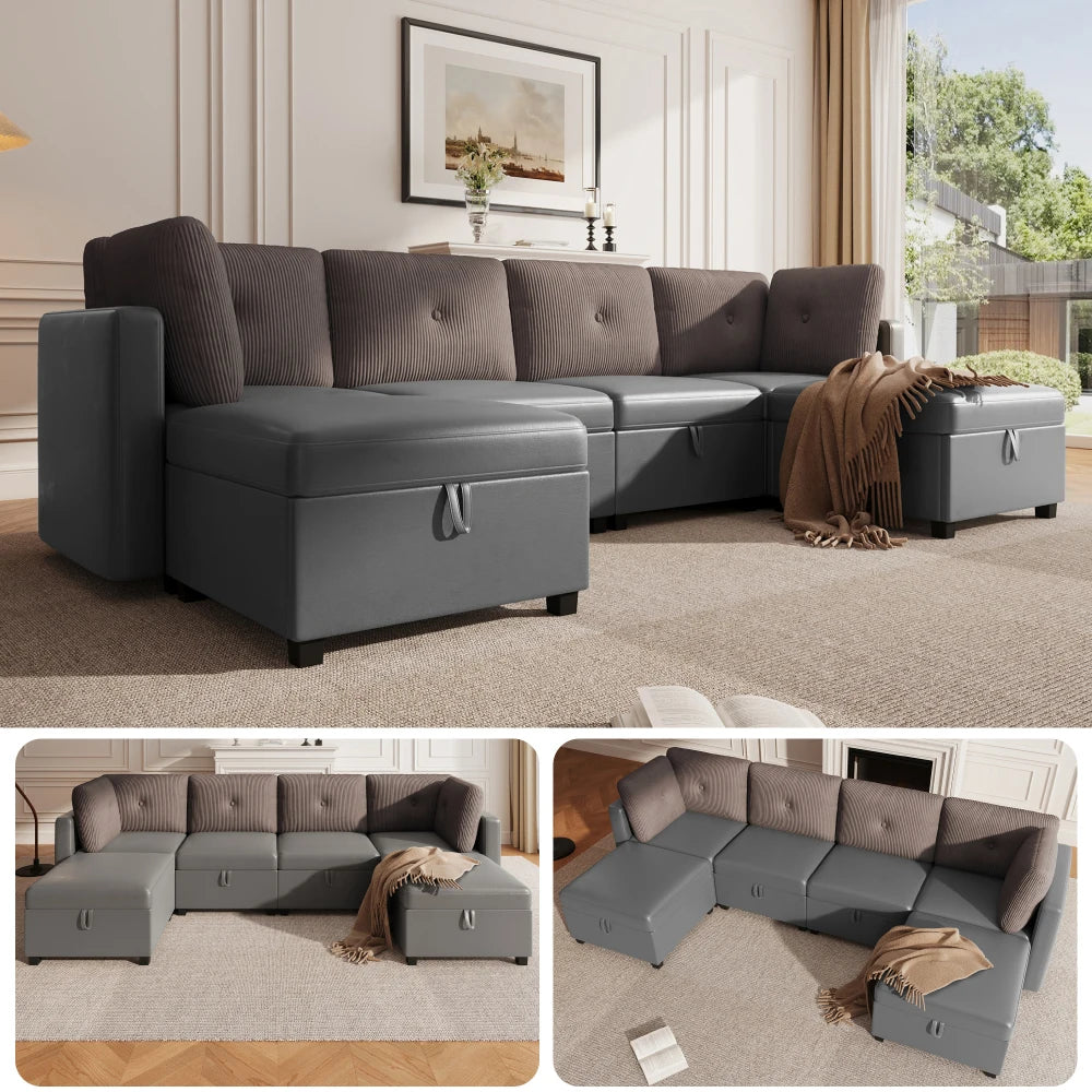 Canapé Modulaire en U avec Espace de Rangement – Velours & Cordon, Confort Haute Densité