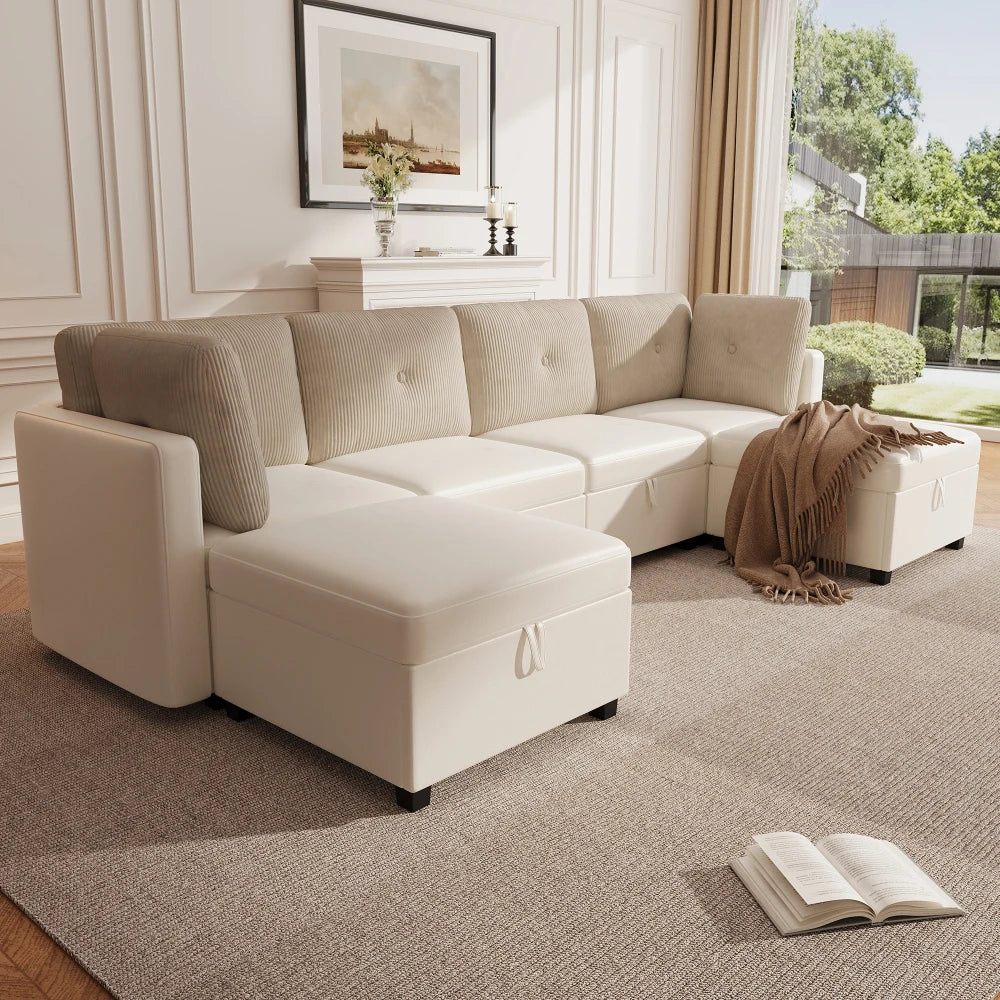Canapé Modulaire en U avec Espace de Rangement – Velours & Cordon, Confort Haute Densité
