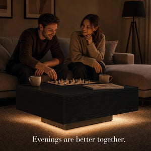 Table Basse LED Bois Massif Chêne Noir 85x55cm – Élégance Naturelle et Lumineuse