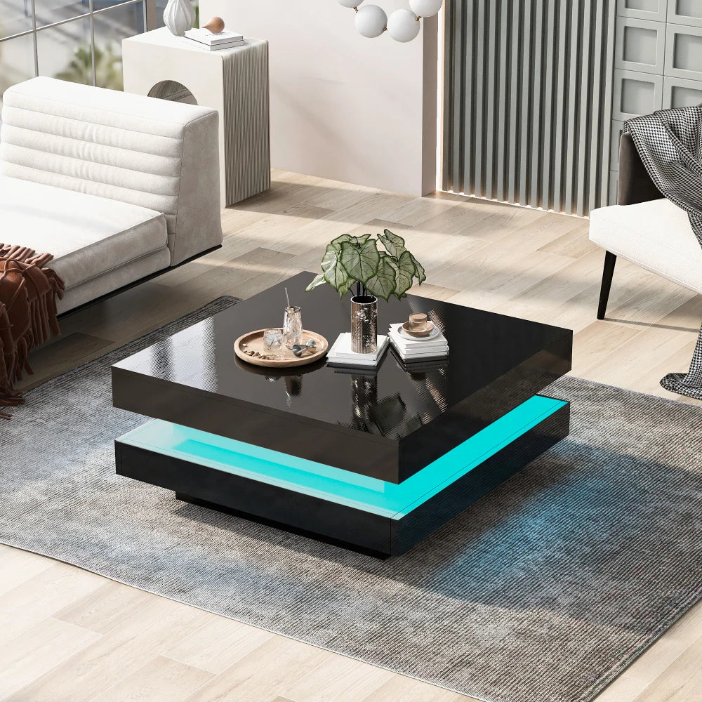 Table Basse Carrée Noire LED Multicolores 70x70cm – Design Moderne pour Salon Contemporain