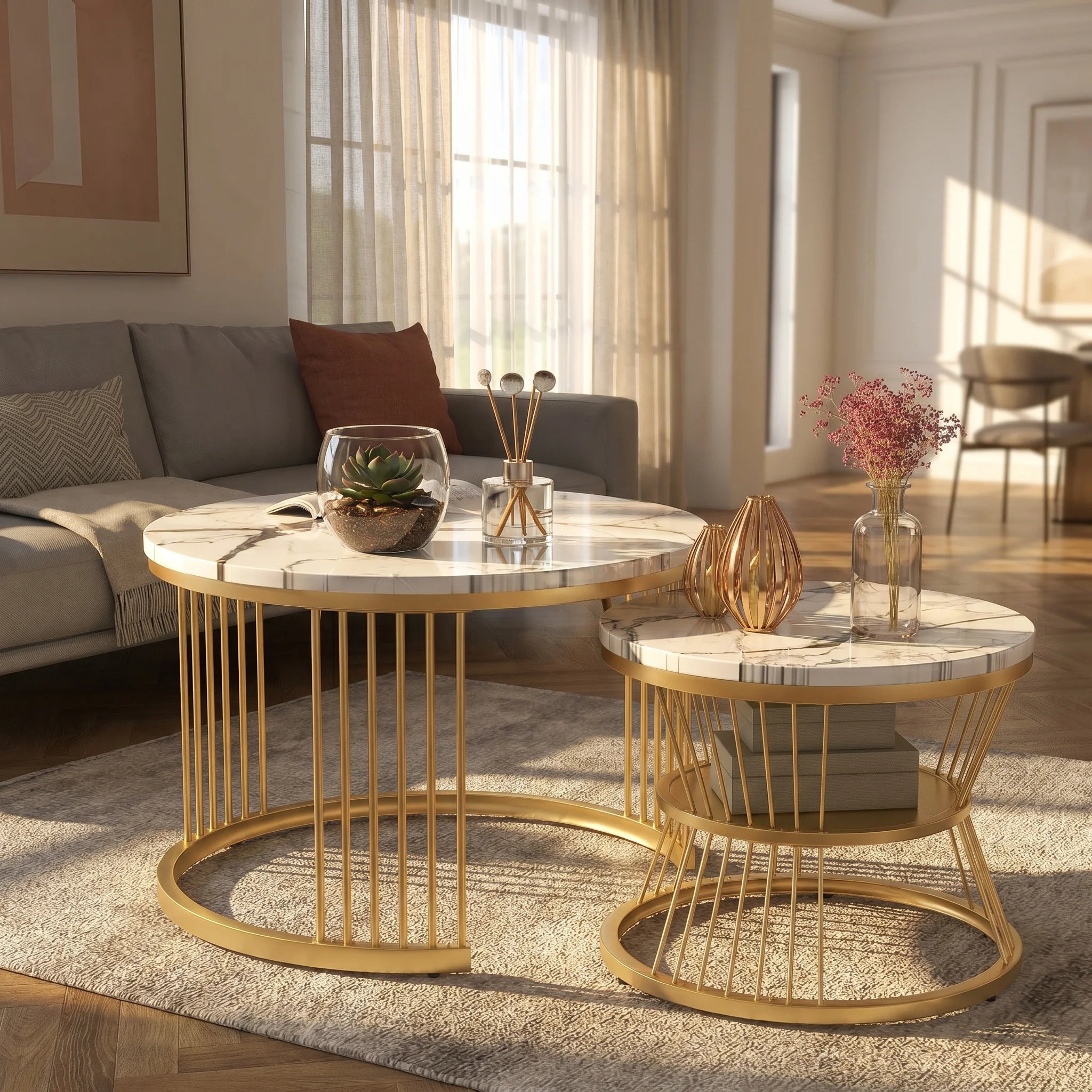 Duo de Tables Gigognes Marbre & Laiton Doré – Élégance Intemporelle pour Salon Cocooning