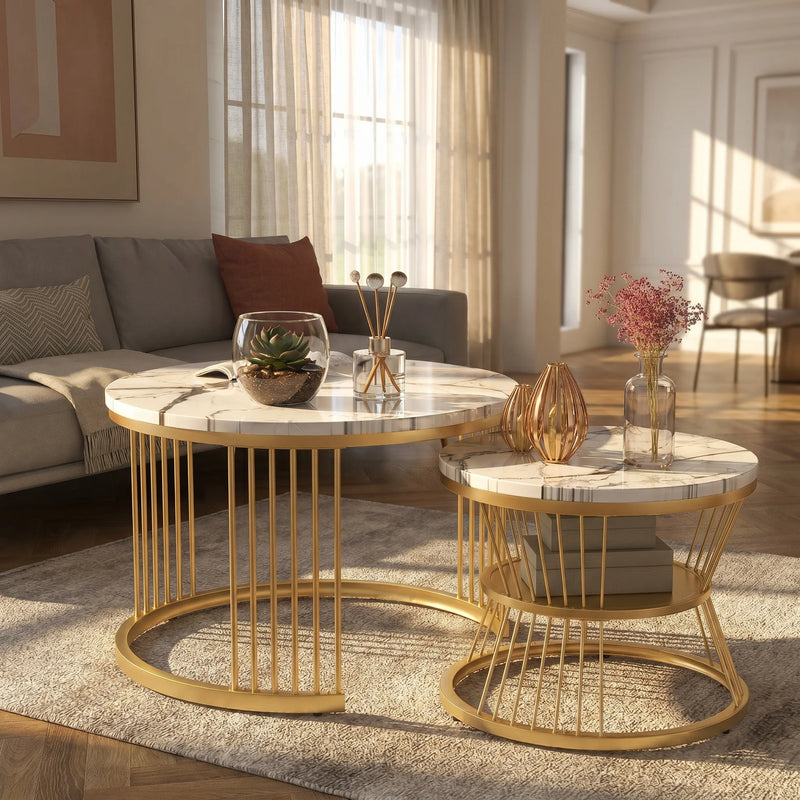 Duo de Tables Gigognes Marbre & Laiton Doré – Élégance Intemporelle pour le Salon