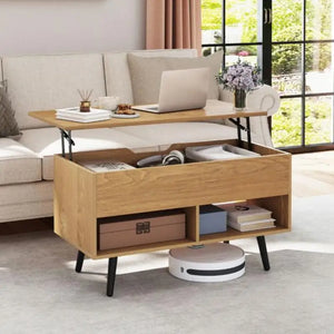 Table Basse Relevable 80cm Bois Naturel – Rangement Caché et Étagères Pratiques