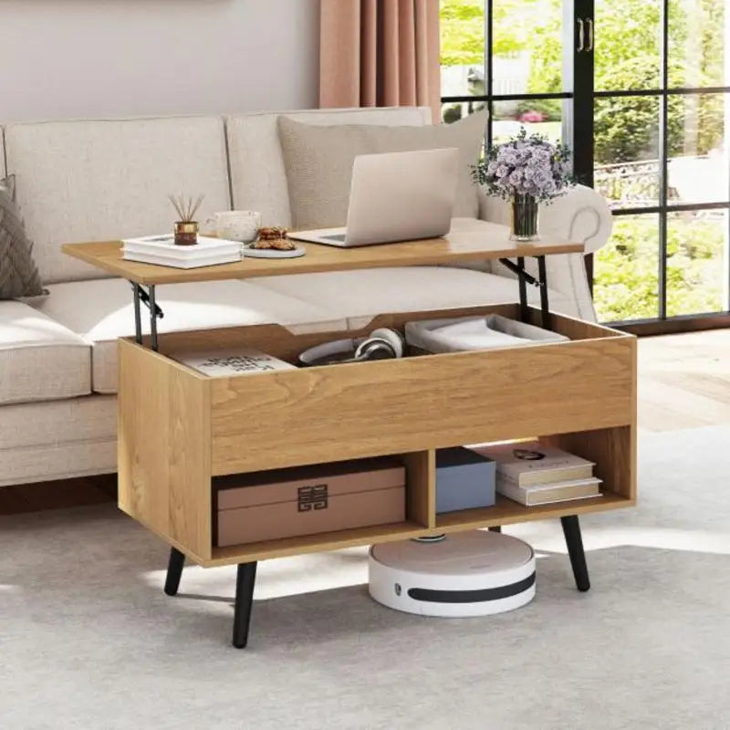 Table Basse Relevable 80cm Bois Naturel – Compartiment Caché & Étagères de Rangement