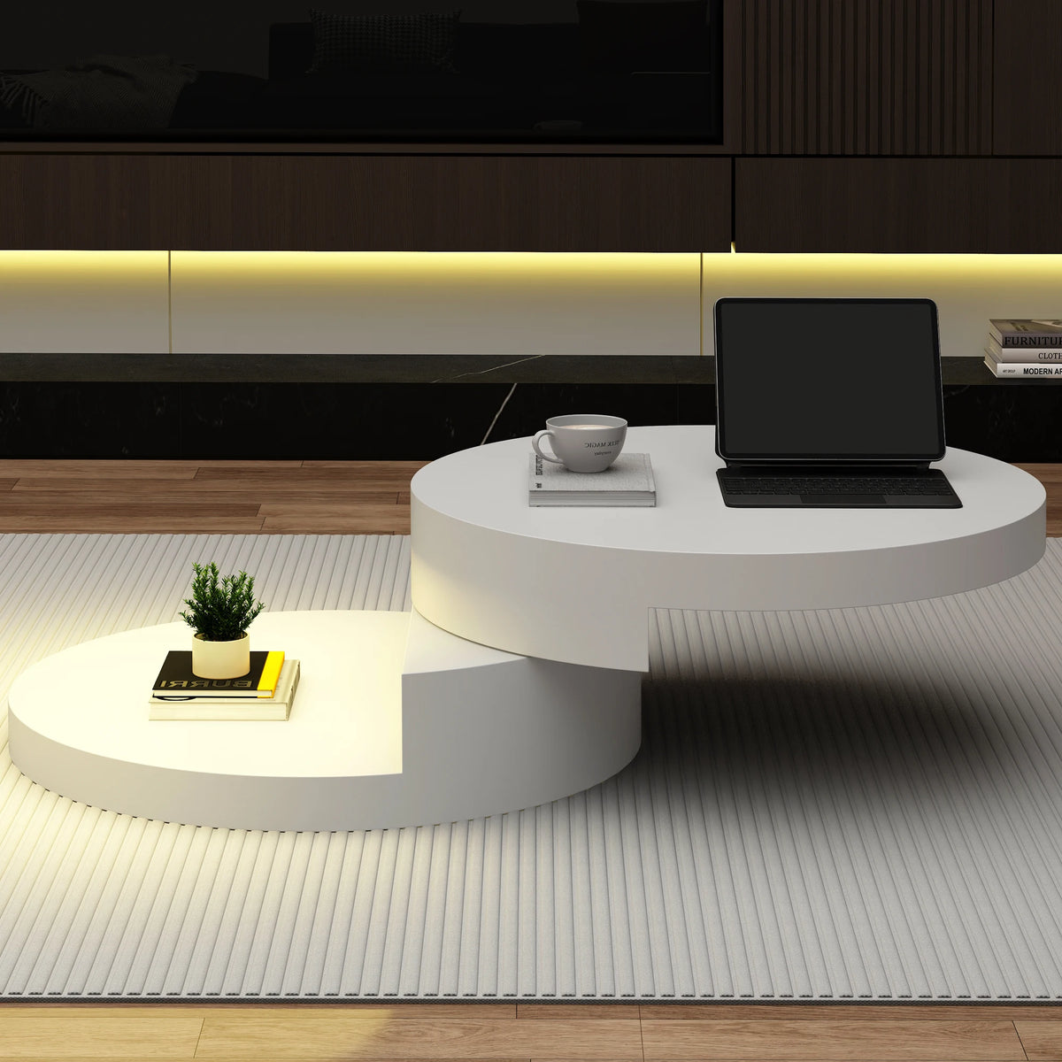 Table Basse Ronde Blanche Pivotante 360° 70x70cm – Design Moderne avec LED