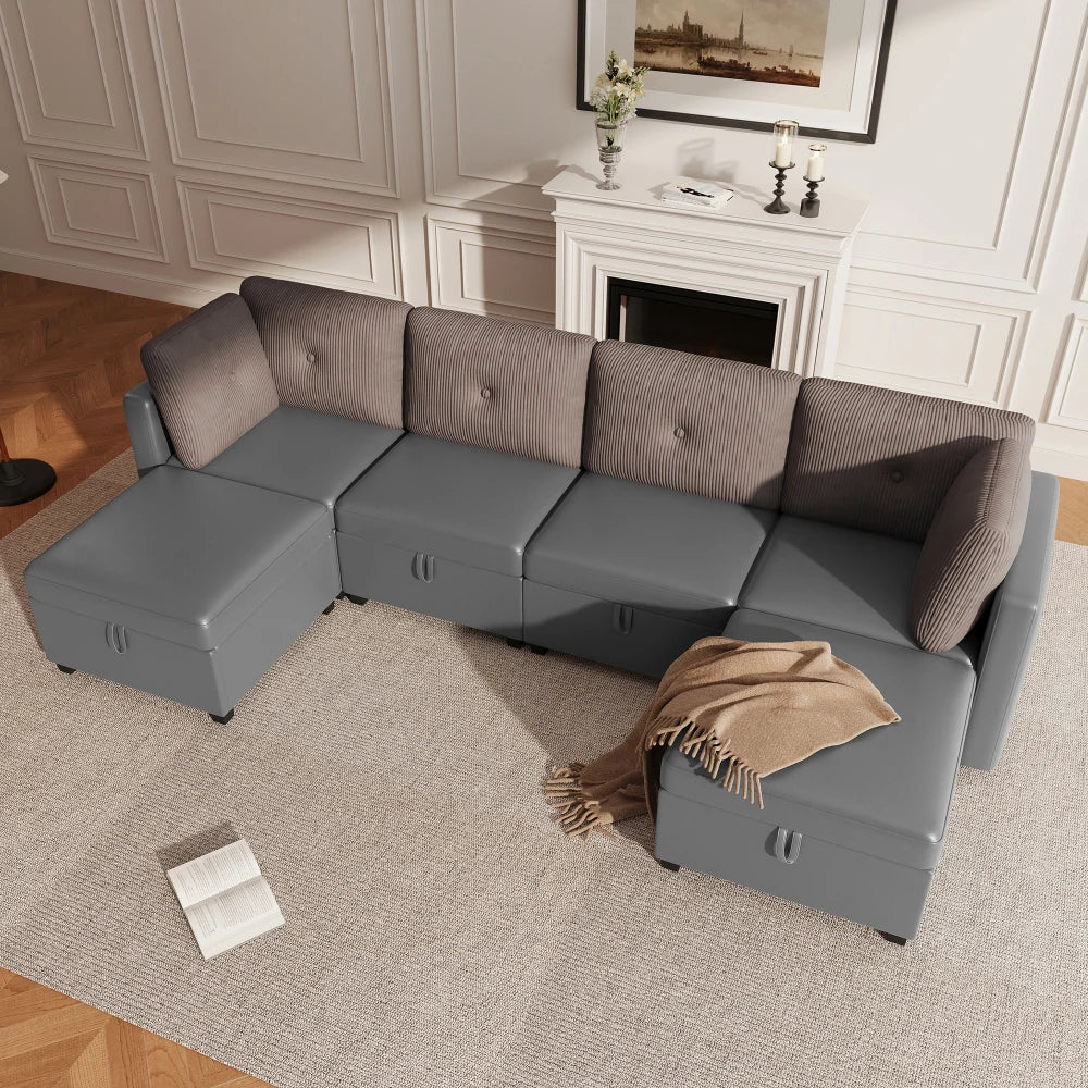 Canapé Modulaire en U avec Espace de Rangement – Velours & Cordon, Confort Haute Densité