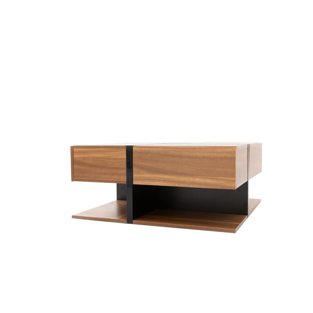 Table Basse PINGGO 78x78cm avec 4 Tiroirs – Design Graphique & Rangement Généreux