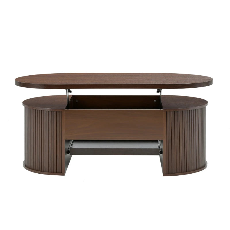 Table Basse Relevable en Bois Courbé avec Étagère Coulissante – Design Chaleureux Multifonction