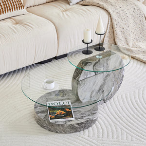 Table Basse Verre Trempé Effet Marbre Gris à Deux Niveaux – Design Minimaliste Moderne