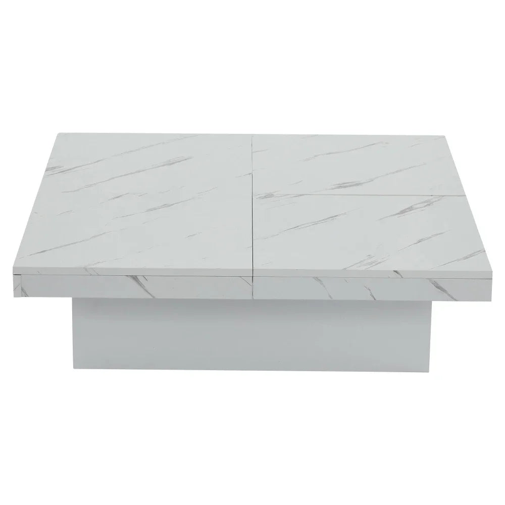 Table Basse Carrée Noire 90x90cm à 4 Tiroirs – Plateau Coulissant, Design Marbré Chic