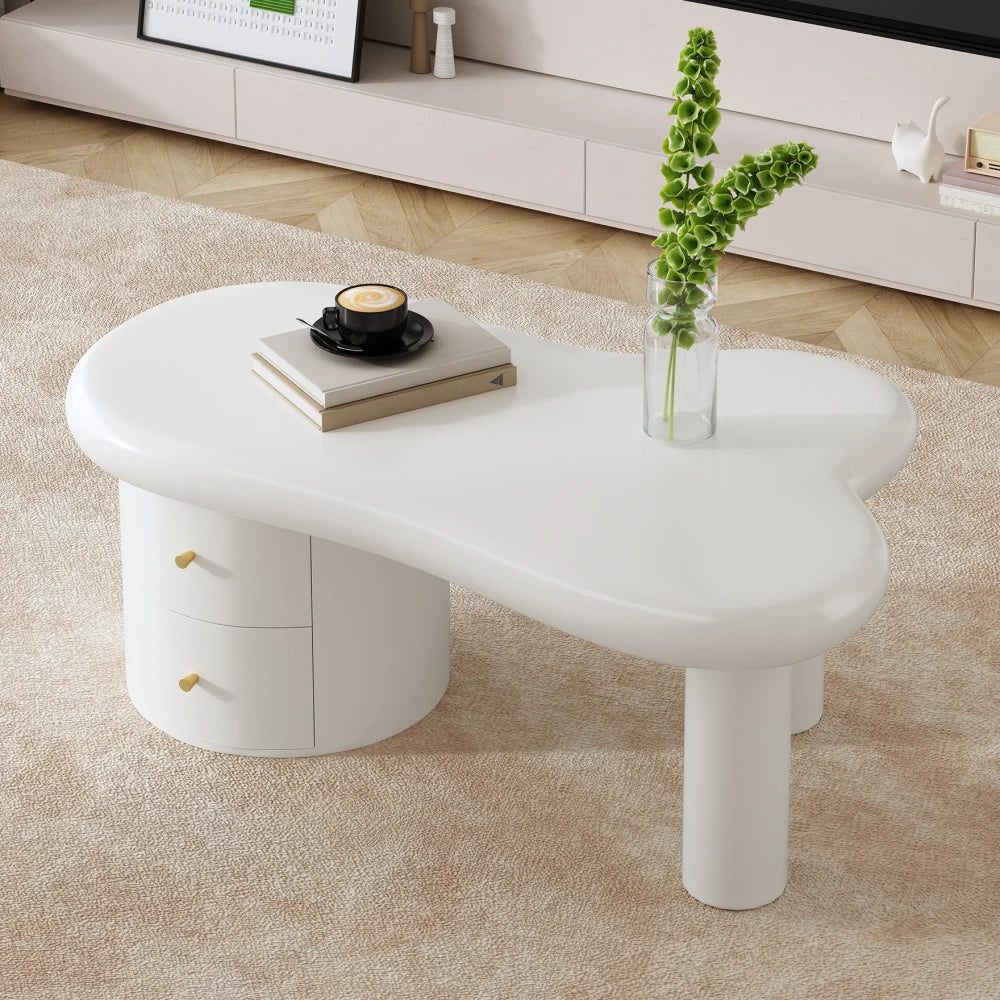 Table Basse Blanche Forme Irrégulière PINGGO avec 2 Tiroirs – Design Original Gain de Place