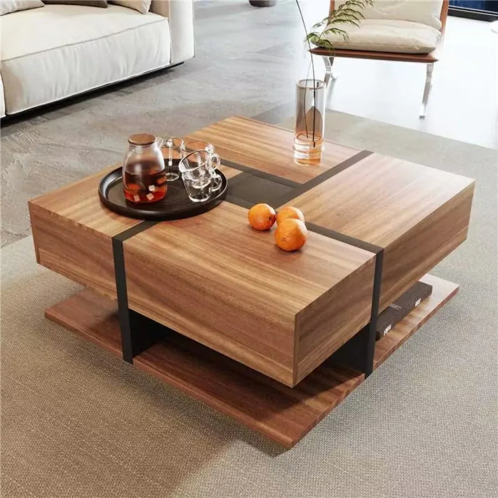 Table Basse PINGGO 78x78cm avec 4 Tiroirs – Design Graphique & Rangement Généreux