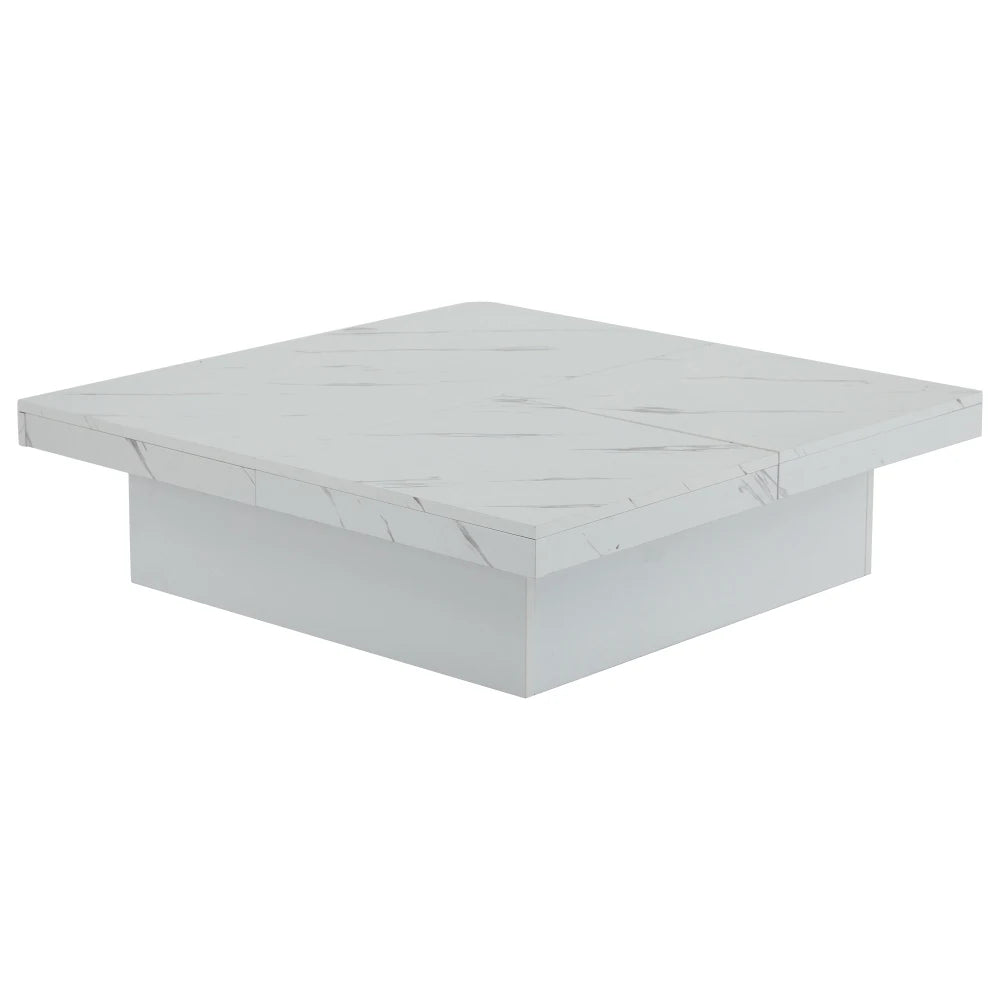 Table Basse Carrée Noire 90x90cm à 4 Tiroirs – Plateau Coulissant, Design Marbré Chic