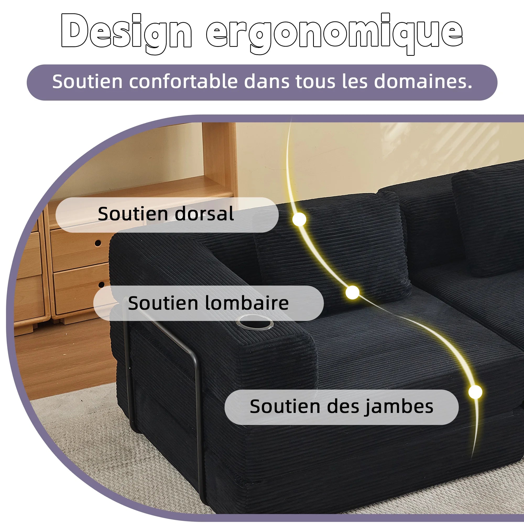 Canapé Modulaire 3 Places Corduroy Noir avec Porte-Gobelet – Sans Montage, Confort Haute Densité