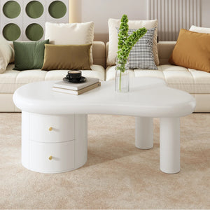 Table Basse Blanche Forme Originale – 2 Tiroirs, Gain de Place