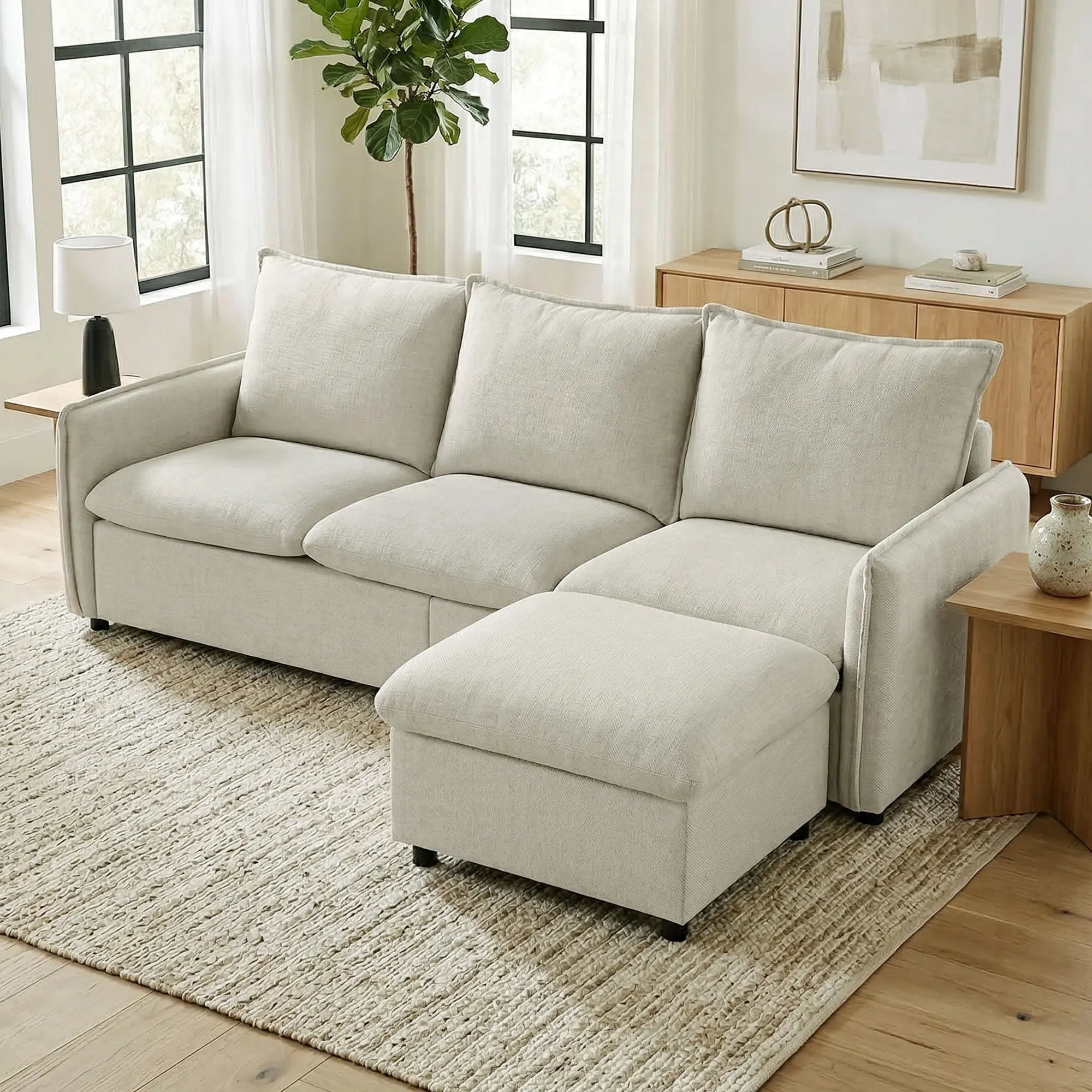Canapé HOMCOM 3 Places 212cm Lin Crème avec Pouf de Rangement – Confort Familial Modulaire