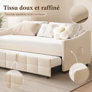 Canapé-Lit Velours Crème 90x200cm – Design Nordique avec Rangement