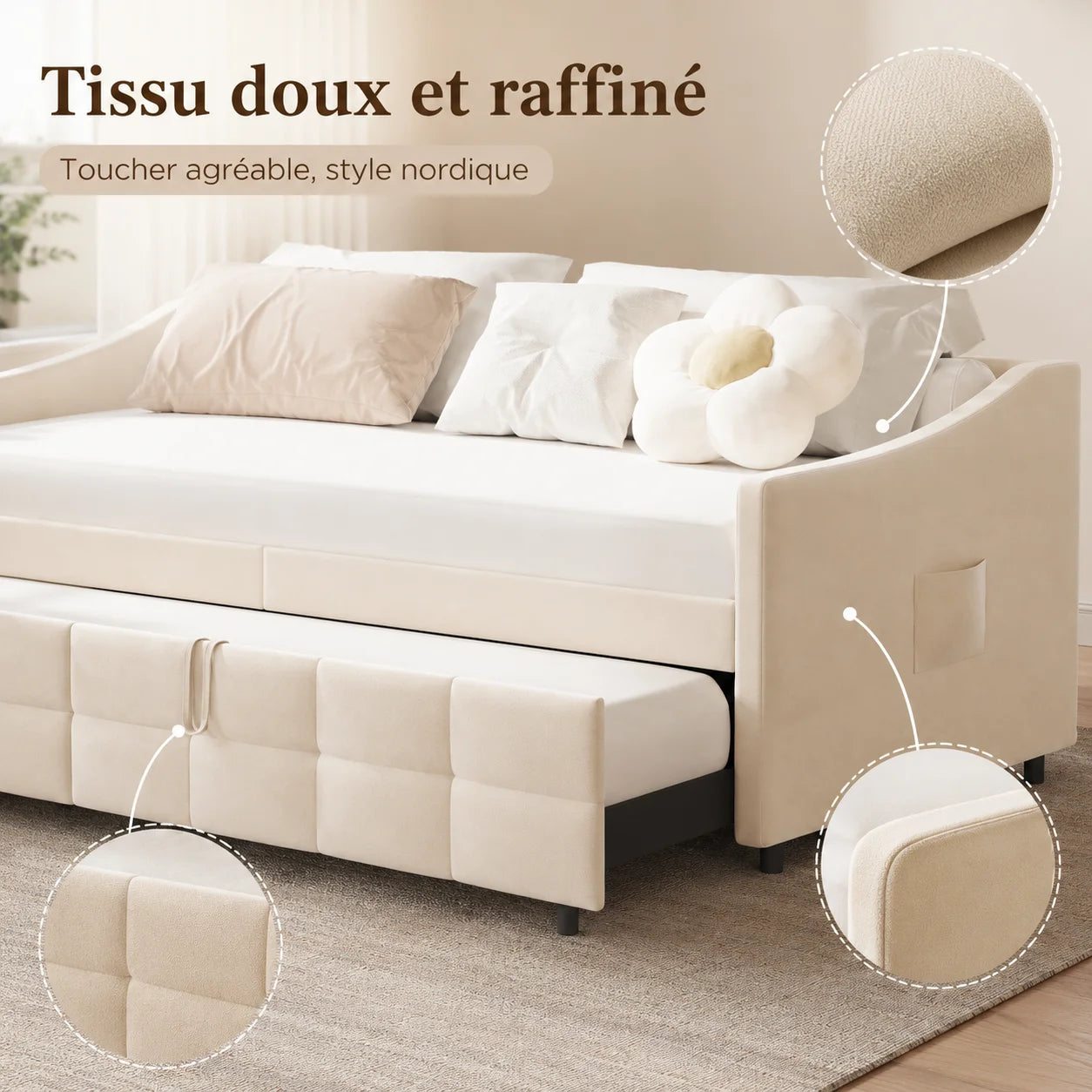 Canapé-Lit Superaly Velours Crème 90x200cm avec Rangement – Design Nordique Minimaliste