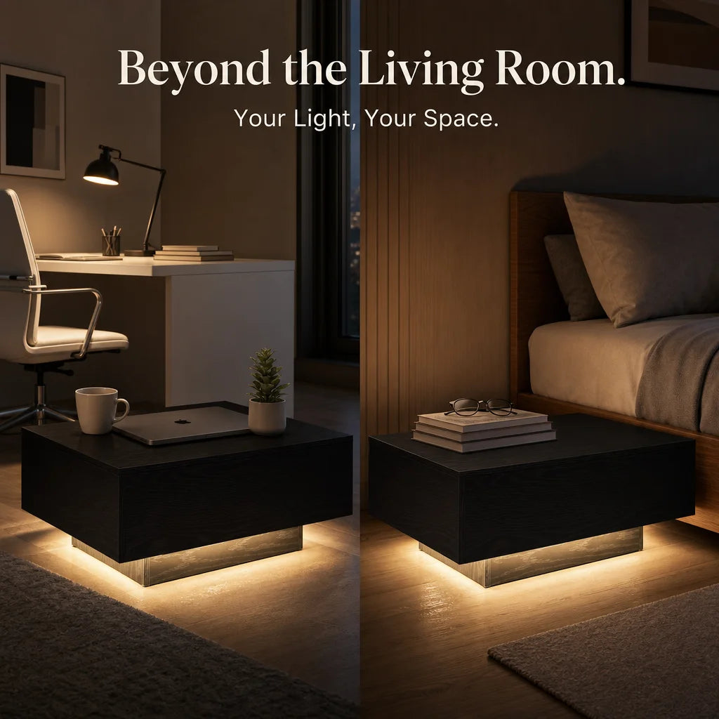 Table Basse LED Bois Massif Finition Chêne Noir 85x55cm – Élégance Naturelle pour Salon