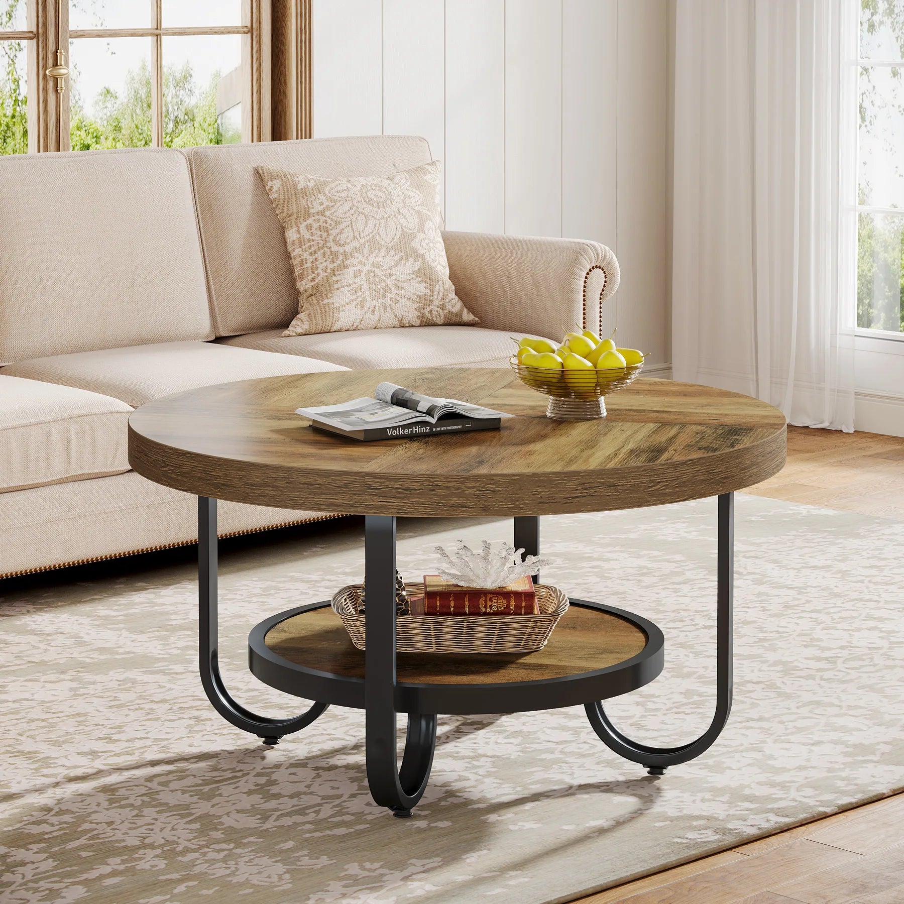 Table Basse Ronde Tribesigns à 2 Niveaux, Pieds Métal Incurvés – Rangement & Design