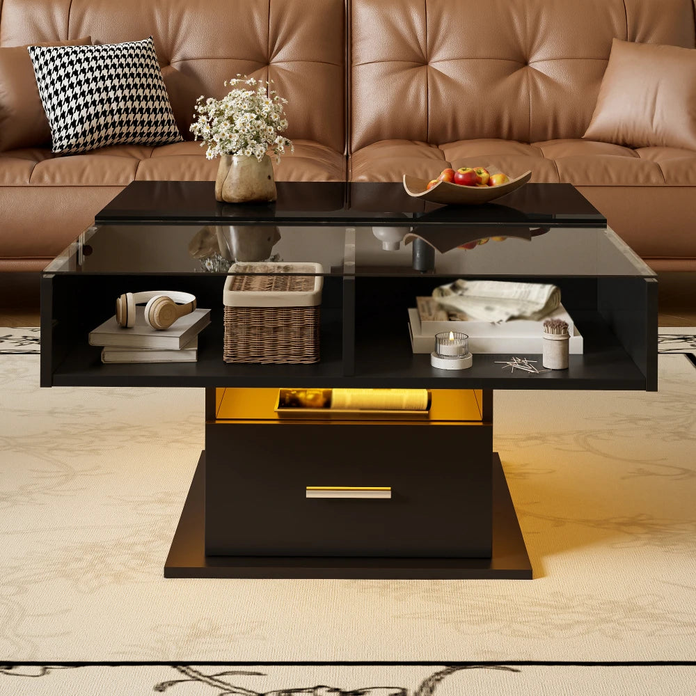 Table Basse Relevable Multifonction Laquée avec LED – Hauteur Ajustable & Rangement Astucieux