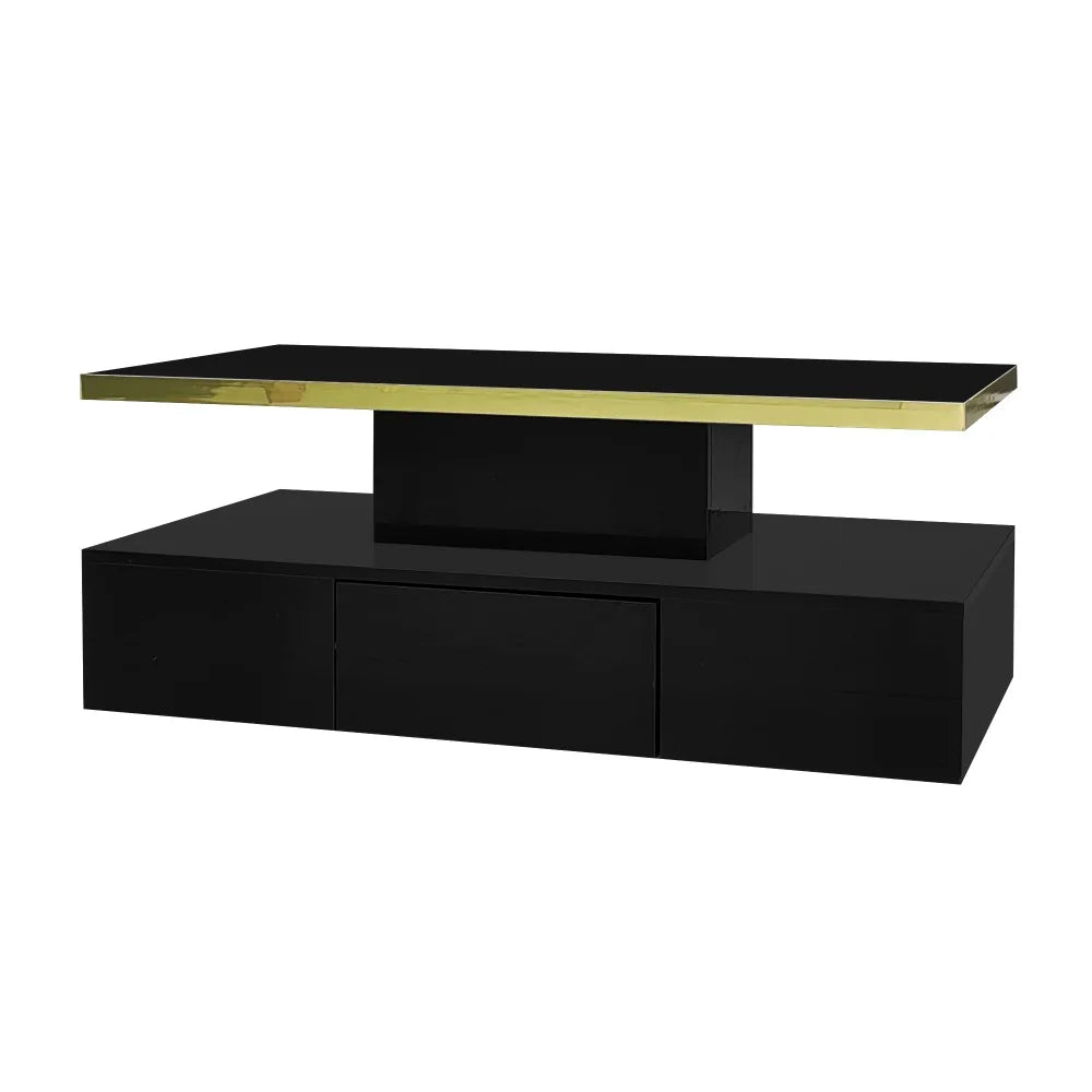 Table Basse PINGGO Haute Brillance avec Tiroirs & LED – 2 Niveaux de Rangement